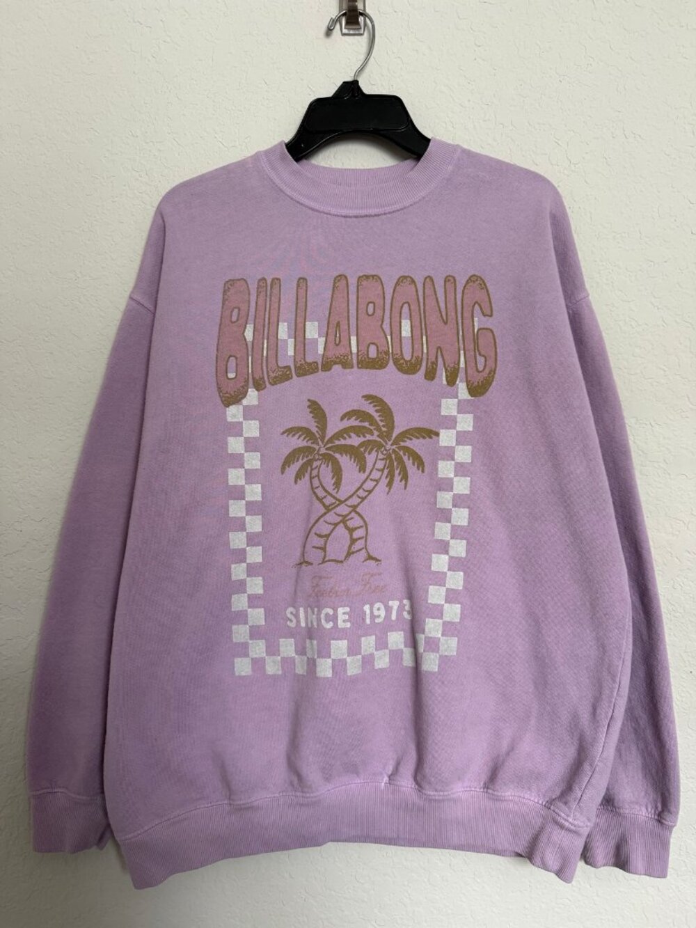 Billabong Lavender Palm Tree Graphic Crewneck Sweater Size S Oversized Boho